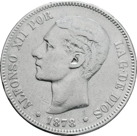 Spanien 5 Pesetas 1875 76 Alfons XII junges Porträt aus Silber in ss