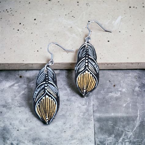 Wooden Feather Earrings In Shades Of Gray And Ocher Etsy