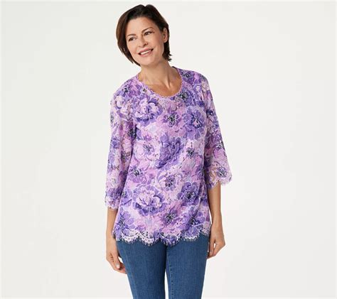 Isaac Mizrahi Live Floral Printed Lace 3 4 Sleeve Knit Top Purple