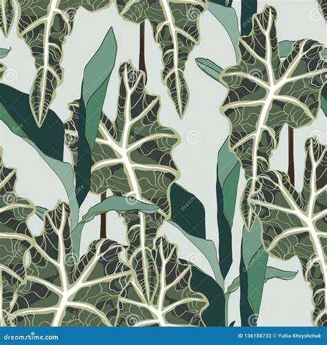 Exotic Abstract Blue Jungle Seamless Pattern On The Light Background