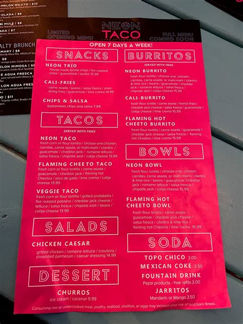 Menu At Neon Taco Restaurant Lake Ozark