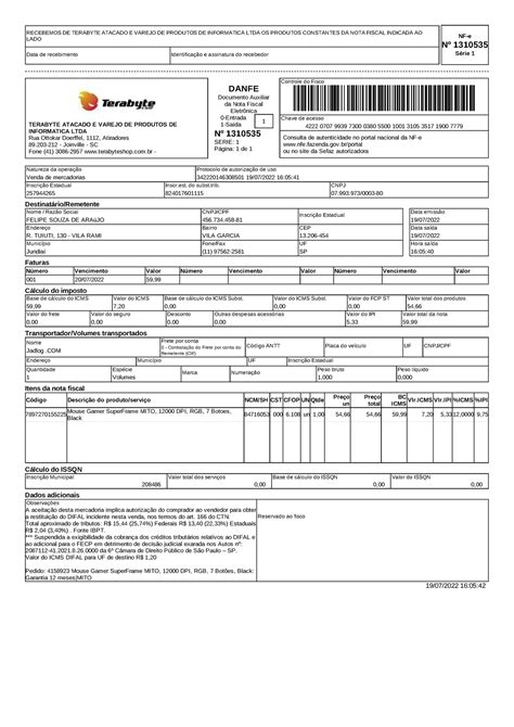 Nota Fiscal Mouse - 0 - Contratação do Frete por conta do Remetente