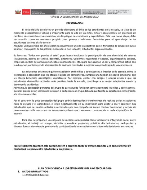 Plan De Bienvenida A Los Estudiantes Pdf