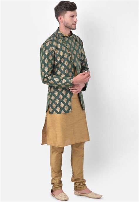 Buy Golden Printed Dupion Silk Kurta Jacket Set In Beige And Green