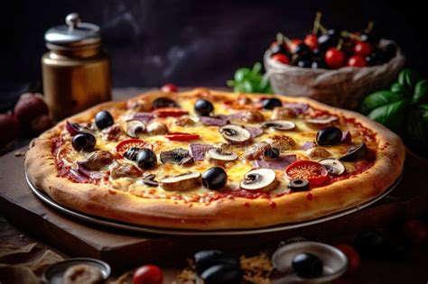 Delicious Gourmet American Pizza With Mushrooms Pepperoni And Black