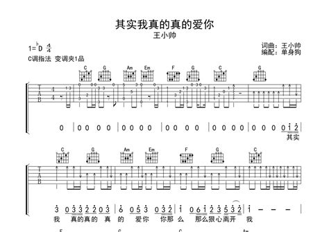 王小帅《其实我真的真的爱你》吉他谱 C调弹唱六线谱 琴魂网