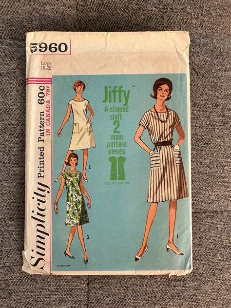 Vintage 1965 Simplicity Sewing Pattern 5960 Misses Jiffy One Piece Short Sleeve Dress Size