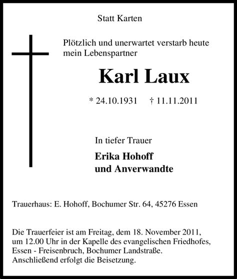 Traueranzeigen Von Karl Laux Trauer In Nrw De