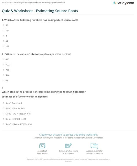 Estimating Square Roots Worksheet For 9th Grade Lesson Planet