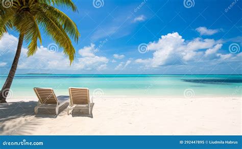 Beach Chairs On Tropical Beach With Coconut Palm Tree Stock Image