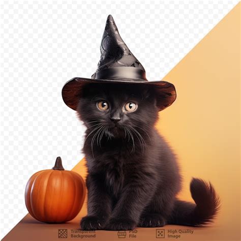 Gato preto tema de halloween usando chapéu de bruxa sozinho em