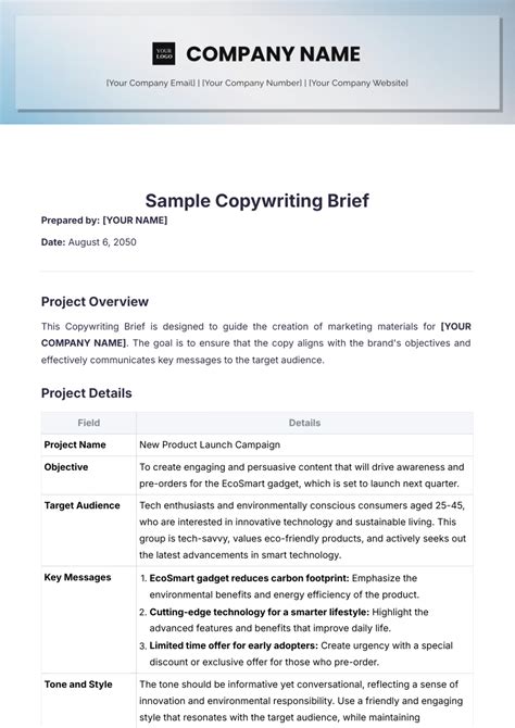 Free Sample Copywriting Brief Template Edit Online And Download