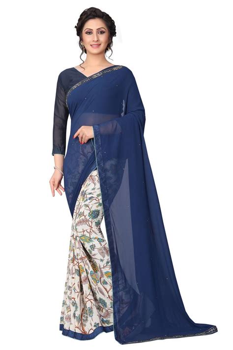 Blue Printed Georgette Saree With Blouse Tagline Silk Mill 2750965