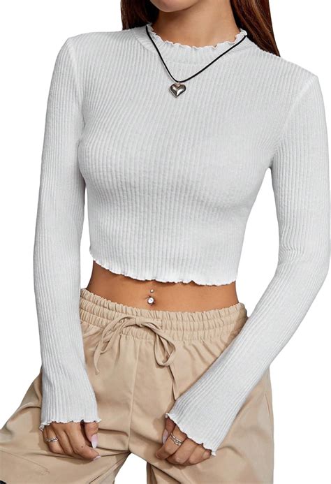 Sweatyrocks Women S Long Sleeve Lettuce Trim Crop T Shirt Mock Neck Ribbed Knit Crop