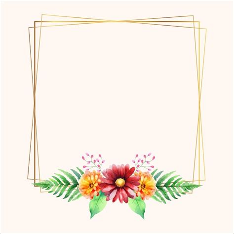 Cadre Rectangle Doré De Vecteur Avec Couronne Florale Aquarelle Colorée