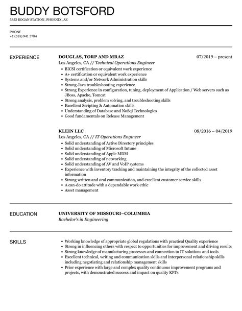 Operations Engineer Resume Samples | Velvet Jobs