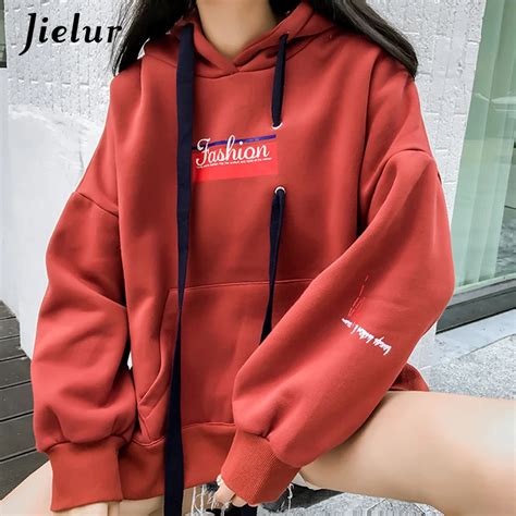 Jielur Winter Warm Letter Print Thick Fleece Sweatshirt For Women Loose