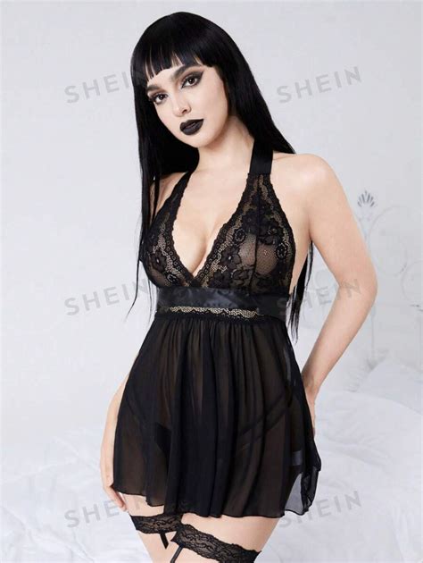 Romwe Goth Vestido Sexy G Tico Con Cuello Halter De Encaje Y Conjunto