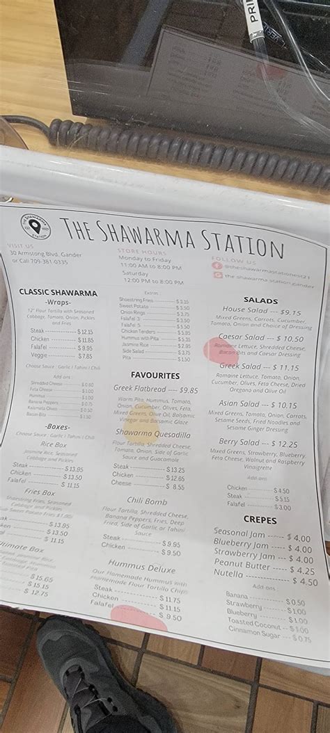 Menu at The Shawarma Station restaurant, Gander