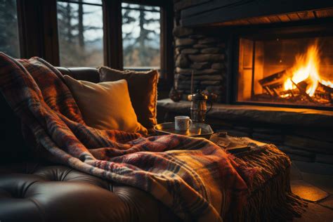 AI generated A cozy cabin interior with a roaring fireplace, soft blankets, and a hot cup of tea ...