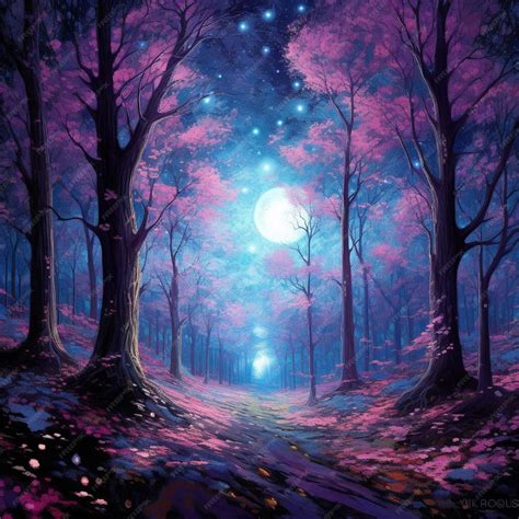 Premium Photo | Painting of a path in a forest with a full moon ...