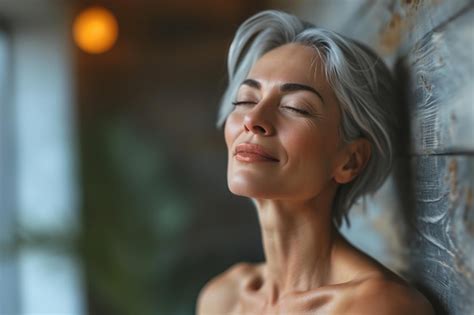 Femininity Feminine Selfcare Enjoying Middleaged Caucasian Woman Naked Standing Against A Wall