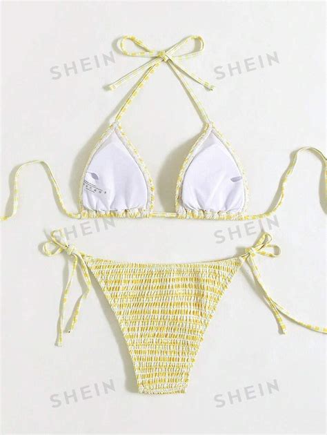 Shein Swim Vcay Striped Bikini Set Smocked Triangle Bra And Thong Bottom