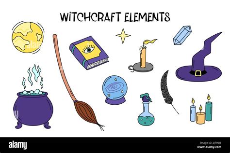 Witchcraft Elements Vector Set Witch Doodle Attributes Magic Ball Spell Book Cauldron Broom