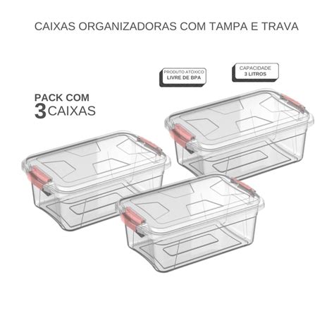 Kit 3 Caixas Organizadoras 3L Praticidade e Visualização Fácil