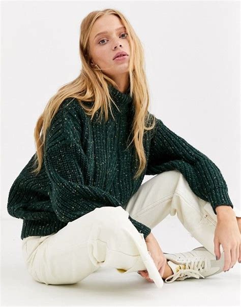 Monki Oversized Roll Neck Cable Knit Sweater In Dark Green Asos