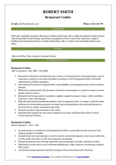 Restaurant Cashier Resume Samples QwikResume