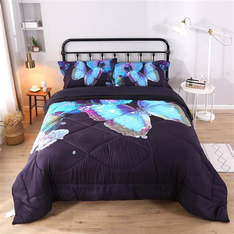 Wowelife 3d Butterfly Comforter Sets Queen Blue Butterfly And Flowers Black Bed Set