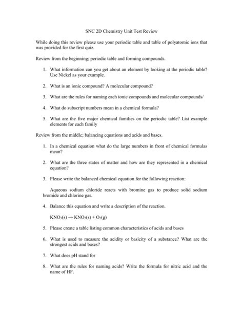 Snc D Chemistry Unit Test Review