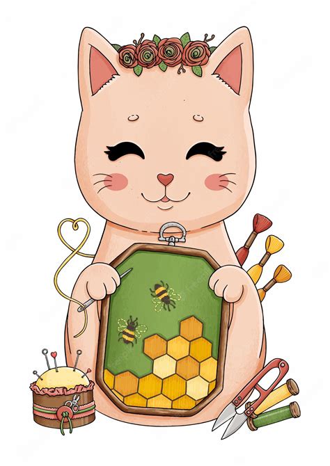 Premium Vector Cat With Embroidery Flowers Honey Bee Vector Illustration