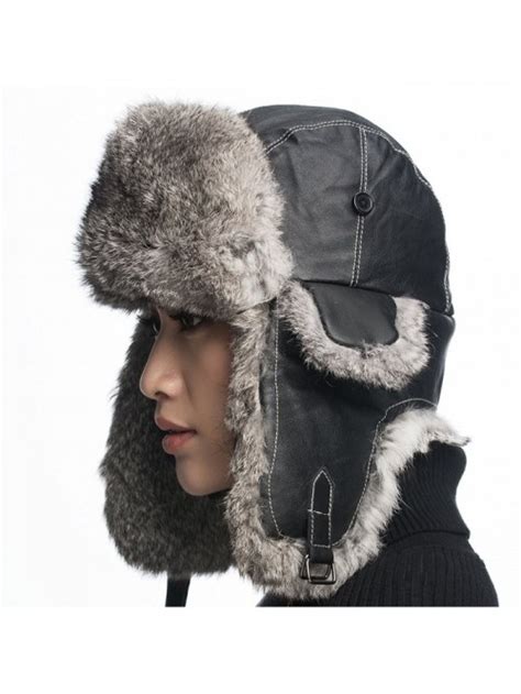 Rabbit Fur Aviator Hat Women Black Leather Winter Bomber Cap Russian