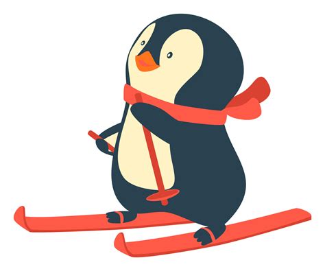 Penguin Riding On Skis On Snow Penguin Cartoon Vector Illustration