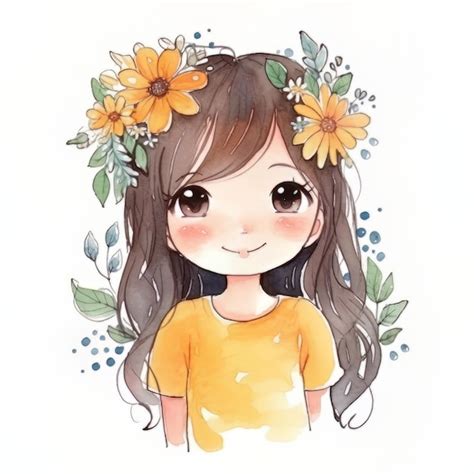 Un Dibujo De Acuarela De Una Ni A Con Flores En La Cabeza Foto Premium