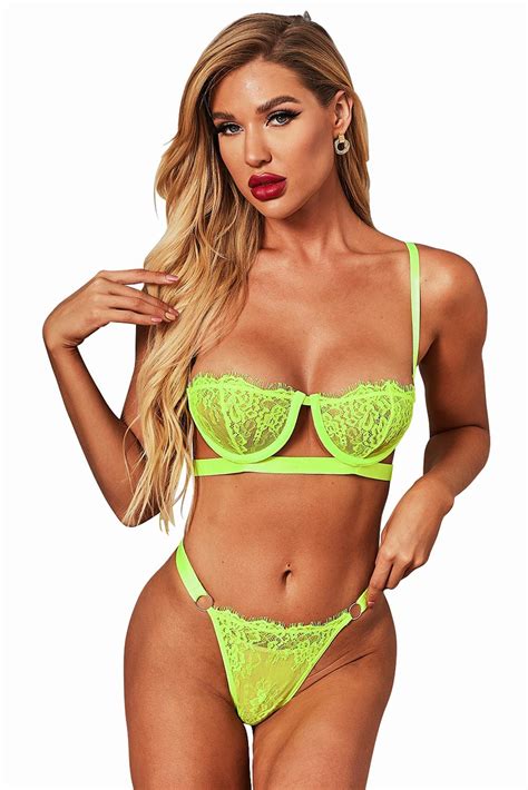 Neon Green Lace Balconette Bralette Lingerie Set Bralettes ⋆ Hirigin