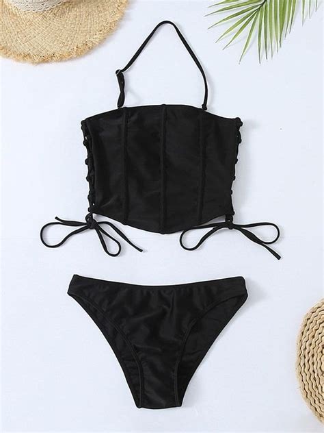 Emmiol Free Shipping Lace Up Longline Halter Bikini Set Black L In