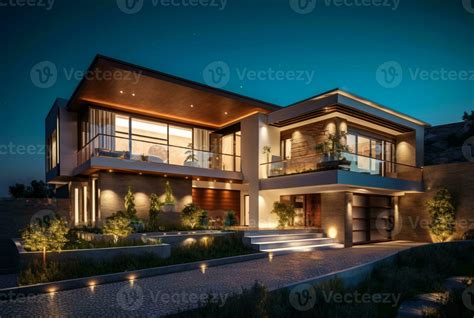 night view of modern house exterior with interior. generative ai ...