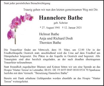 Traueranzeigen Von Hannelore Bathe Trauer In NRW De