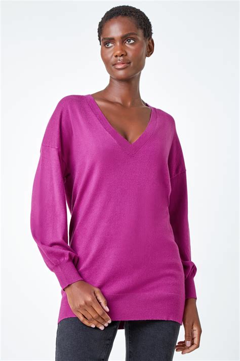 Magenta Plain V Neck Stretch Jumper Roman Uk