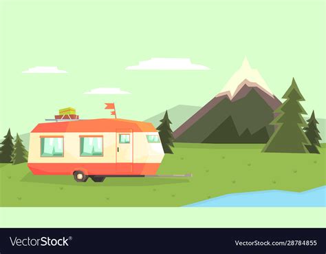 Travel Trailer Against Mountain Landscape Camping Vector Image