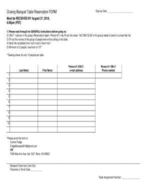 Fillable Online Instructions For Table PRE Reservations For Closing