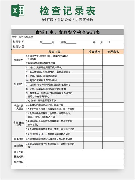 食品安全检查记录表食堂卫生检查记录表 人人办公