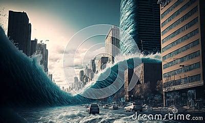 Huge Tsunami Destroying A City Dramatic Scenery With A Big Wave