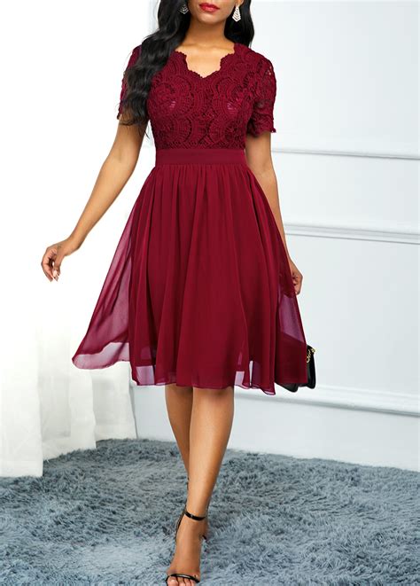 High Waist Lace Panel Short Sleeve Red Dress Usd 4298