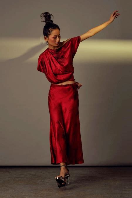 Buy Red Satin Silk Tie-dye Asymmetric Celeste Tie Dye Top For Women by Aroka Online at Aza Fashions.