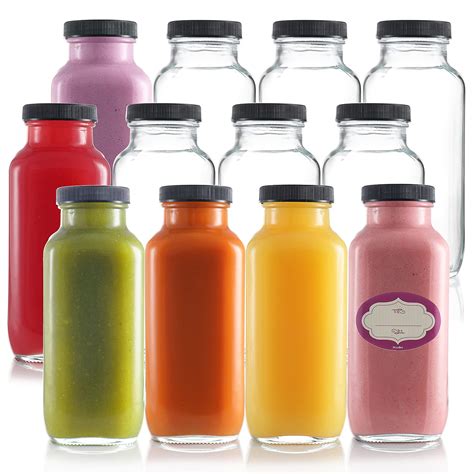 Buy DilaBee 12-Pack Glass Juice Bottles with Lids - 16 oz Glass Bottles ...