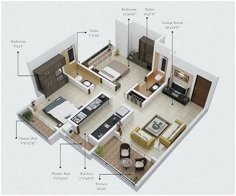 Modern 2 Bedroom House Floor Plan Design 3d – BESTHOMISH